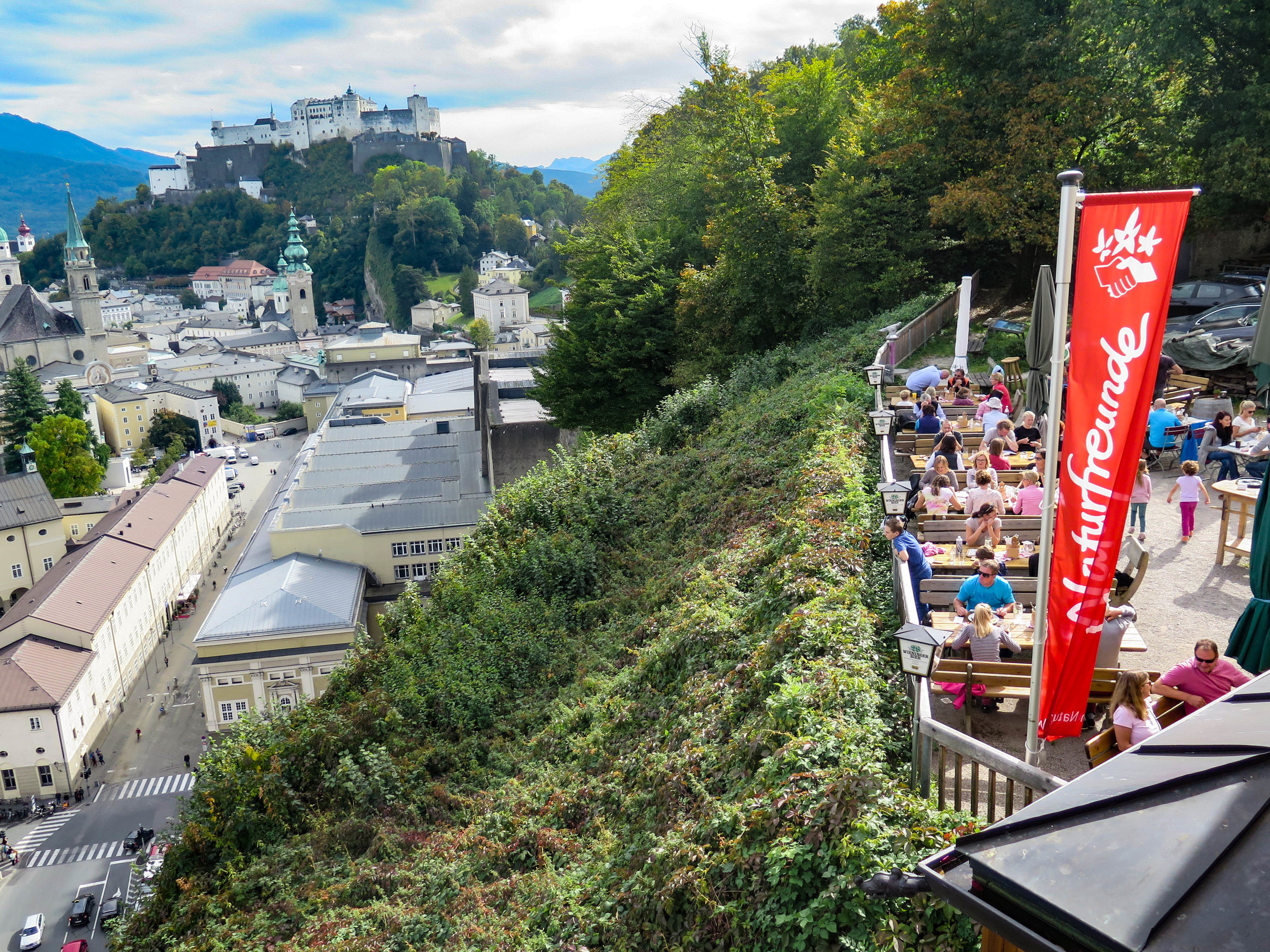 View of our hotel's cafe on the cliffs overlooking the castle and city from our window.