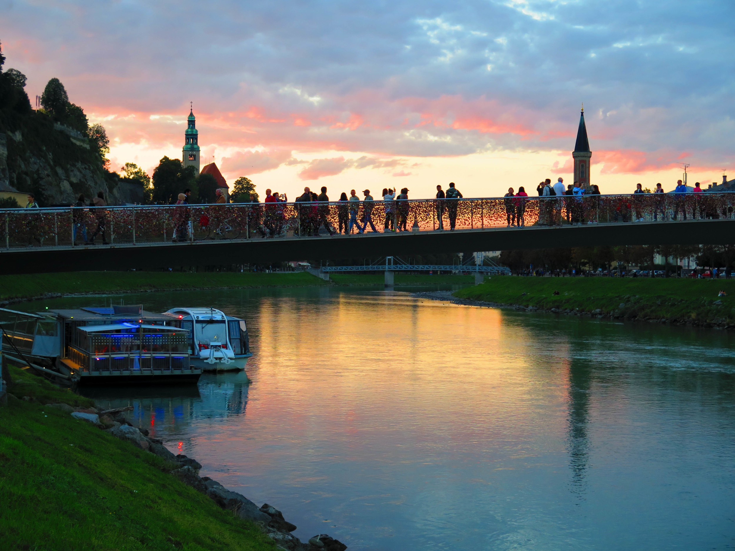 Lover's lock bridge in Salzburg. These bridges are becoming very popular all over the world. Sometimes we even see locks in random places.