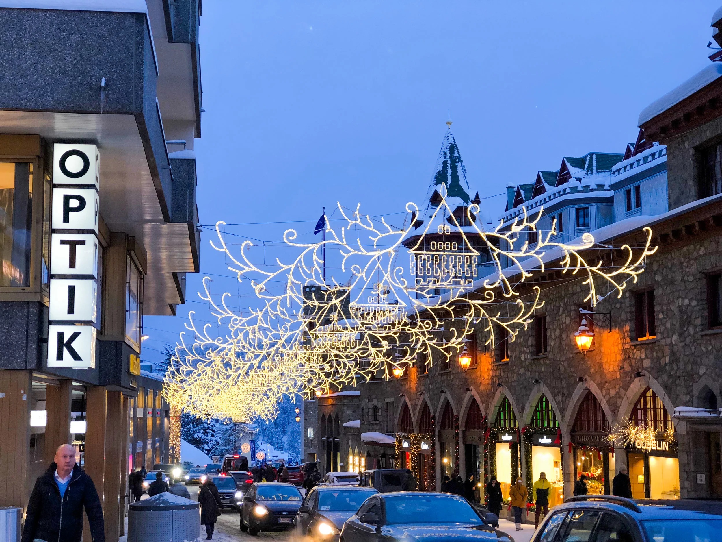 The town lit up for the holidays