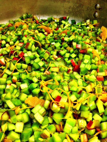 the start of rhubarb and citrus jam...a spoon stirred into yogurt is filthy good.