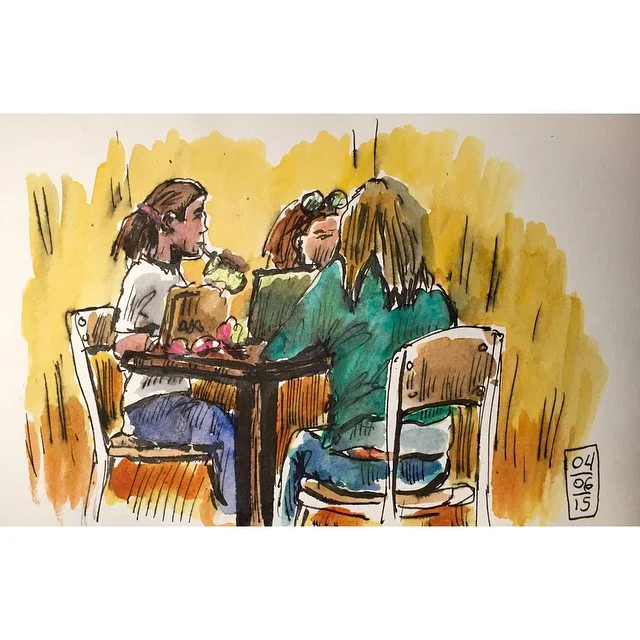 2 girls and mom. Sketch at the mall #art #sketch #moleskine #ink #watercolor #sketchbook #mall #foodcourt #girl #eat #artoftheday