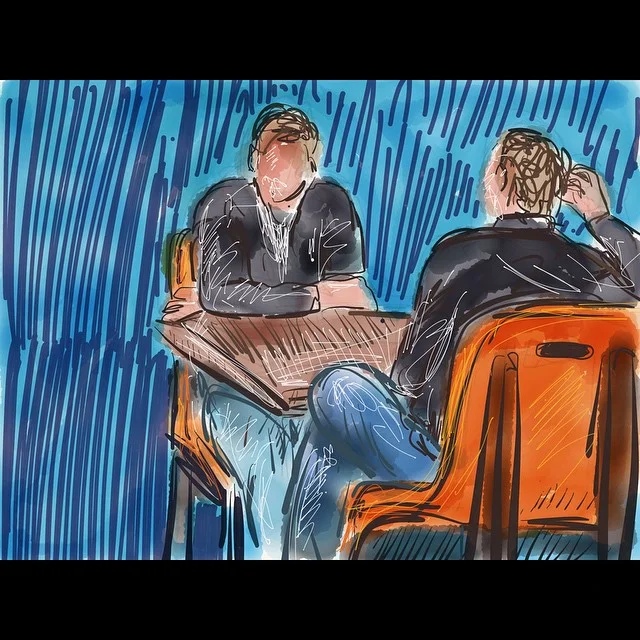 2 older gentleman talking about days gone by. Starbucks sketch 2. #art #drawing #sketch #paper53 #digital #line #color #ipad #starbucks #coffee #booth #reminisce #conversation #men #illustration #talking #oldfriends