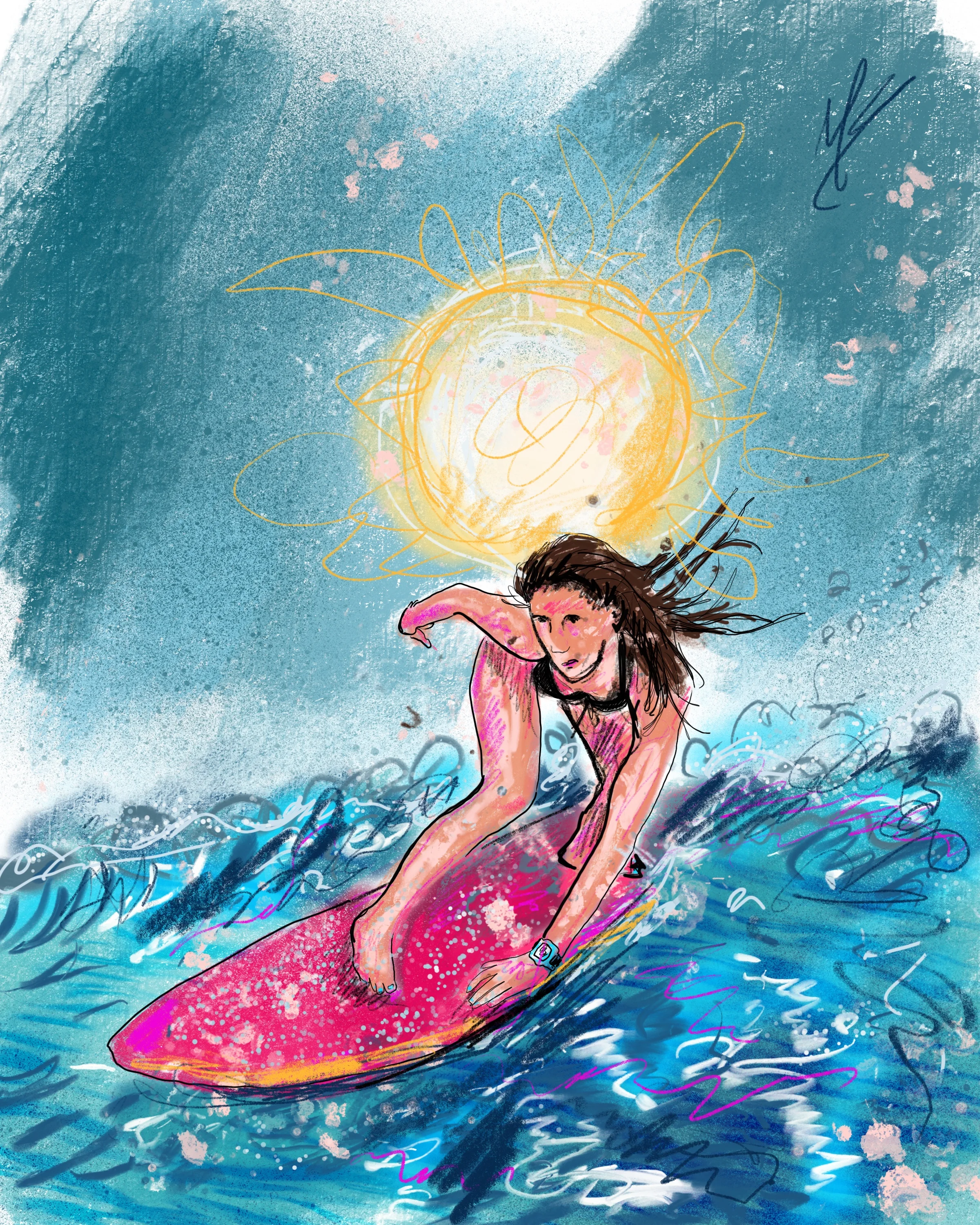 Ride into glory. Art inspired by @ambertorrealba @paddymackk @bodyglovegirl @surfbroads @victoriaskimboards @freestylewatches #surfergirl #art #artist #surf #surfer #waves #ocean #artwork #illustratio
