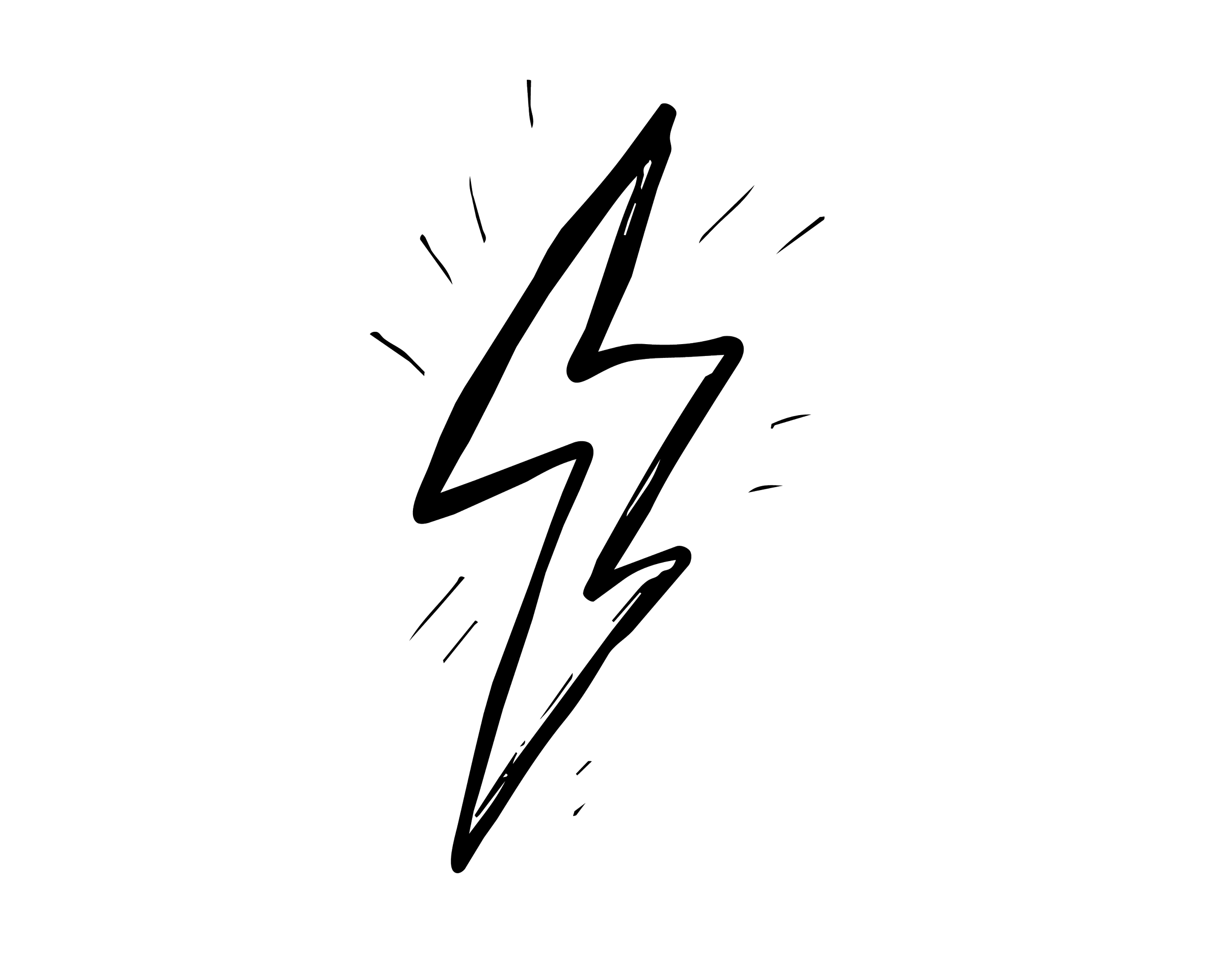 Black and white sketch of a lightning bolt with radiating lines