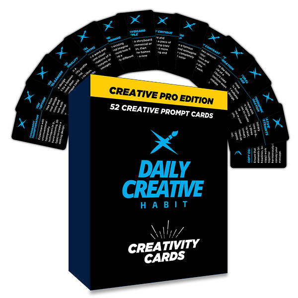 Box of Daily Creative Habit Creativity Cards, Creative Pro Edition with 52 prompt cards, designed to inspire daily creative habits, displayed with some cards fanned out above the box.