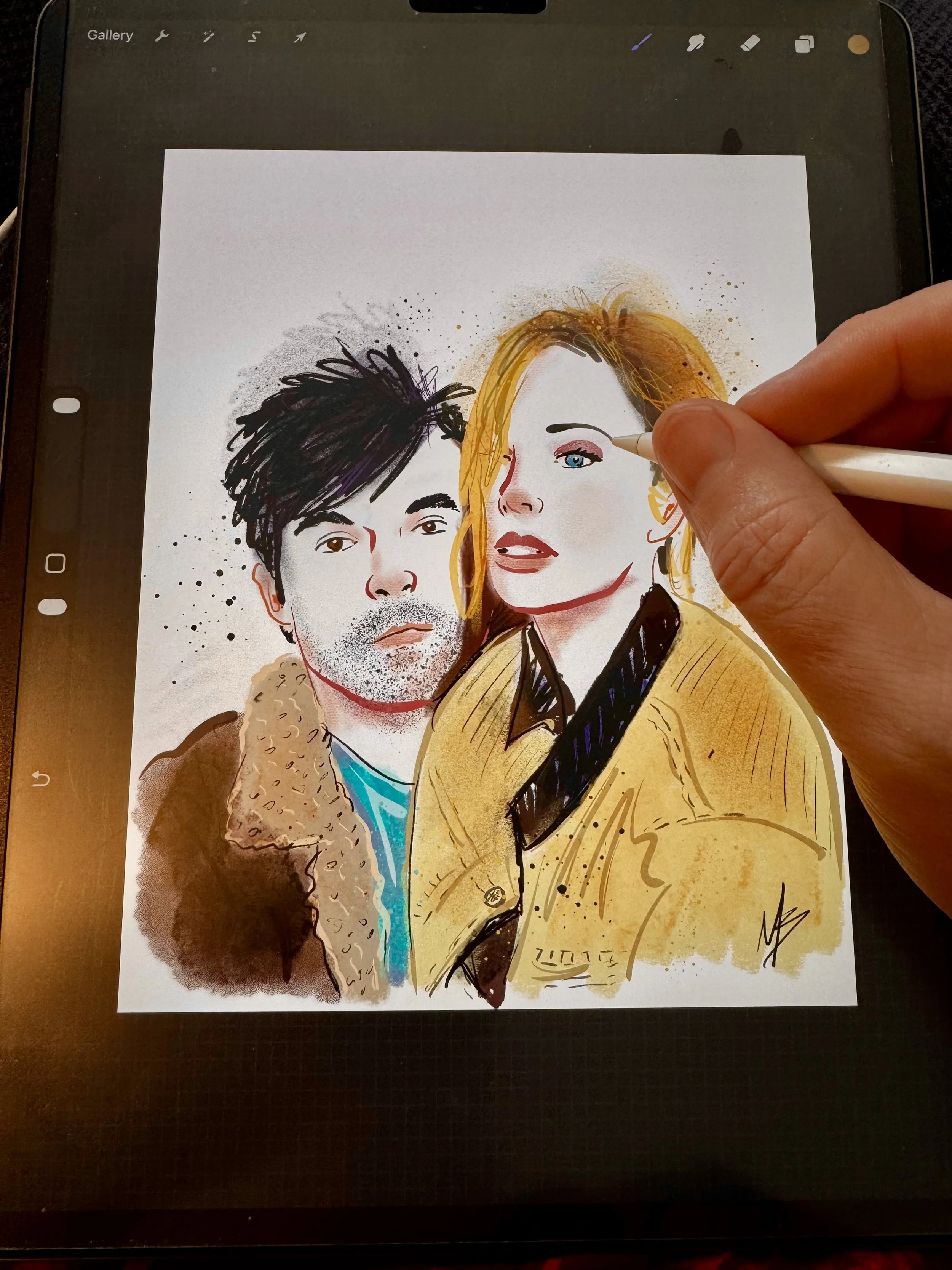 A digital illustration of a young man with dark hair and a young woman with blonde hair, both with detailed facial features. The artist is in the process of drawing the woman’s eye on a tablet with a stylus. The illustration has a watercolor and sketch style with splashes of color and artistic details.