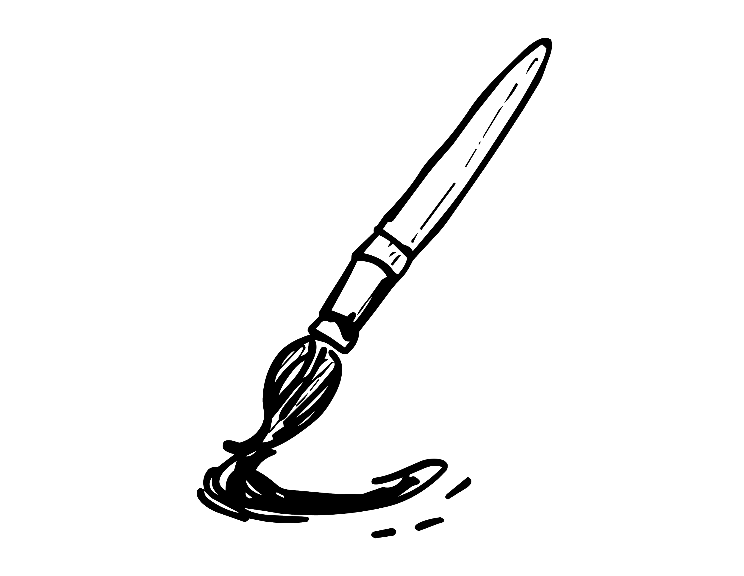 Line drawing of a fountain pen with ink flowing out and splashing into a small puddle.