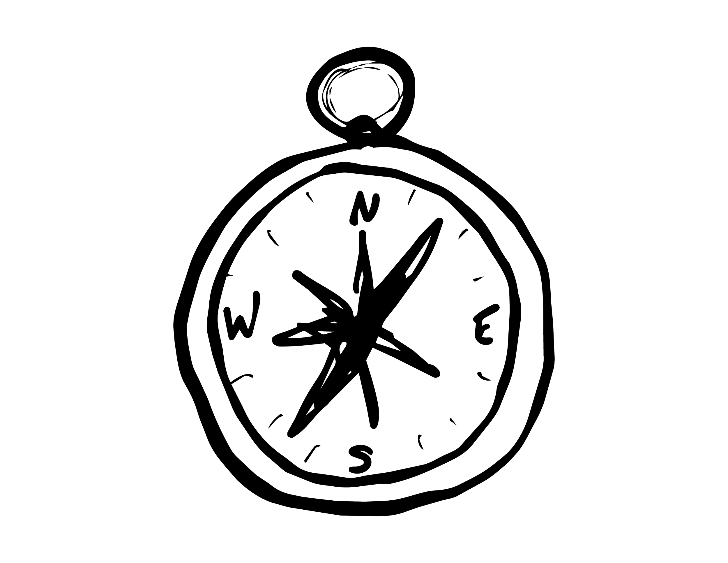 Outline drawing of a pocket watch showing the time at approximately 2:30, with the months W, N, E, S around its face, resembling a compass.