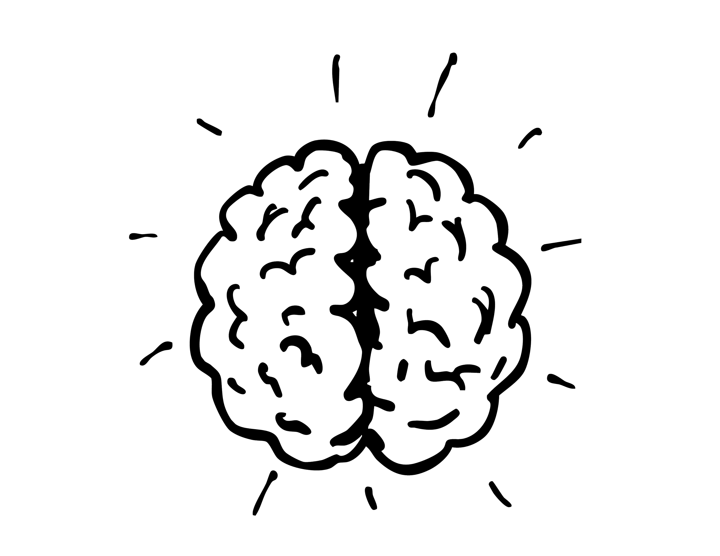A minimalist line drawing of a human brain with radiating lines around it, representing ideas or thinking.