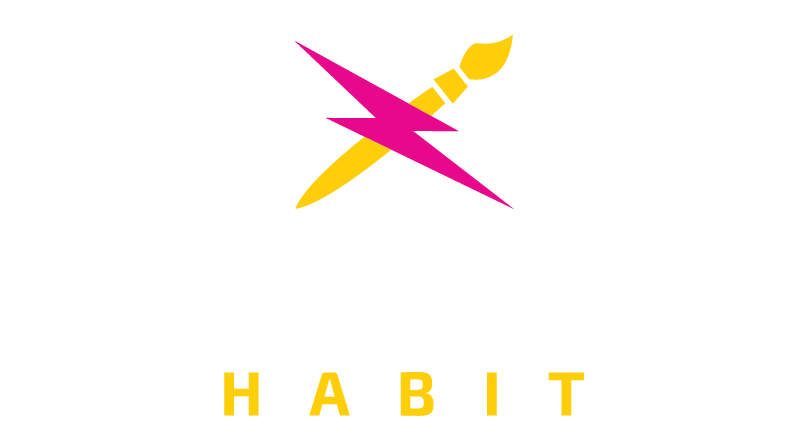 Logo for Daily Creative Habit with a yellow paintbrush and pink lightning bolt on a black background and text in white and yellow.