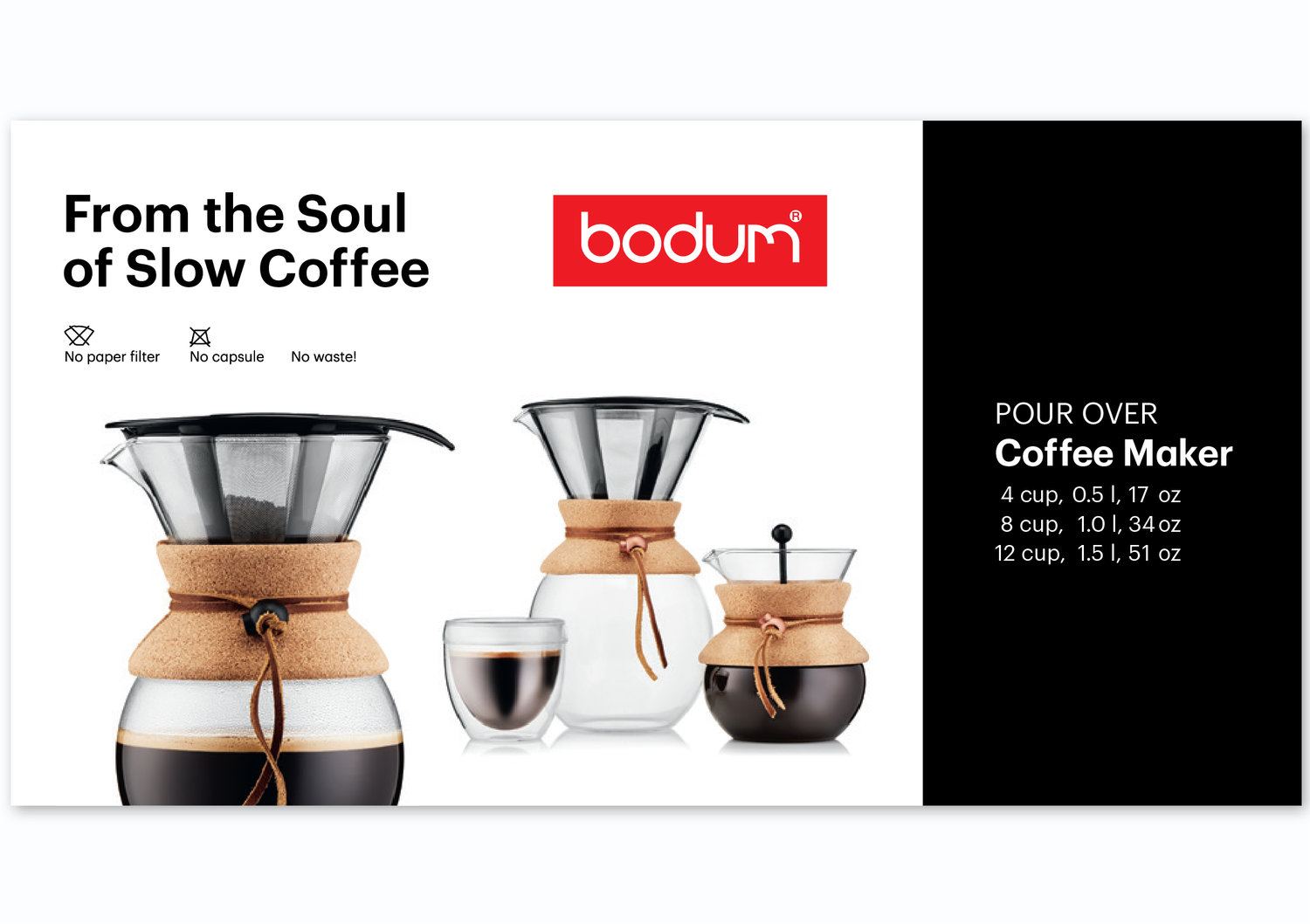 Bodum Pour Over Coffee Maker with Permanent Stainless Steel Filter, 12 Cup, 1.5 L, 51 oz Black