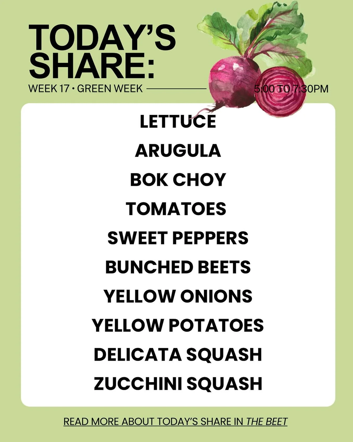 Fruit: Yonder Farm&rsquo;s Bosc pears
Extras: bread, eggs, granola,
Spinach, carrots, cilantro, red onions and radicchio will be coming next week. Next week&rsquo;s tomatoes may be the last of the season. We expect to send apples next week!