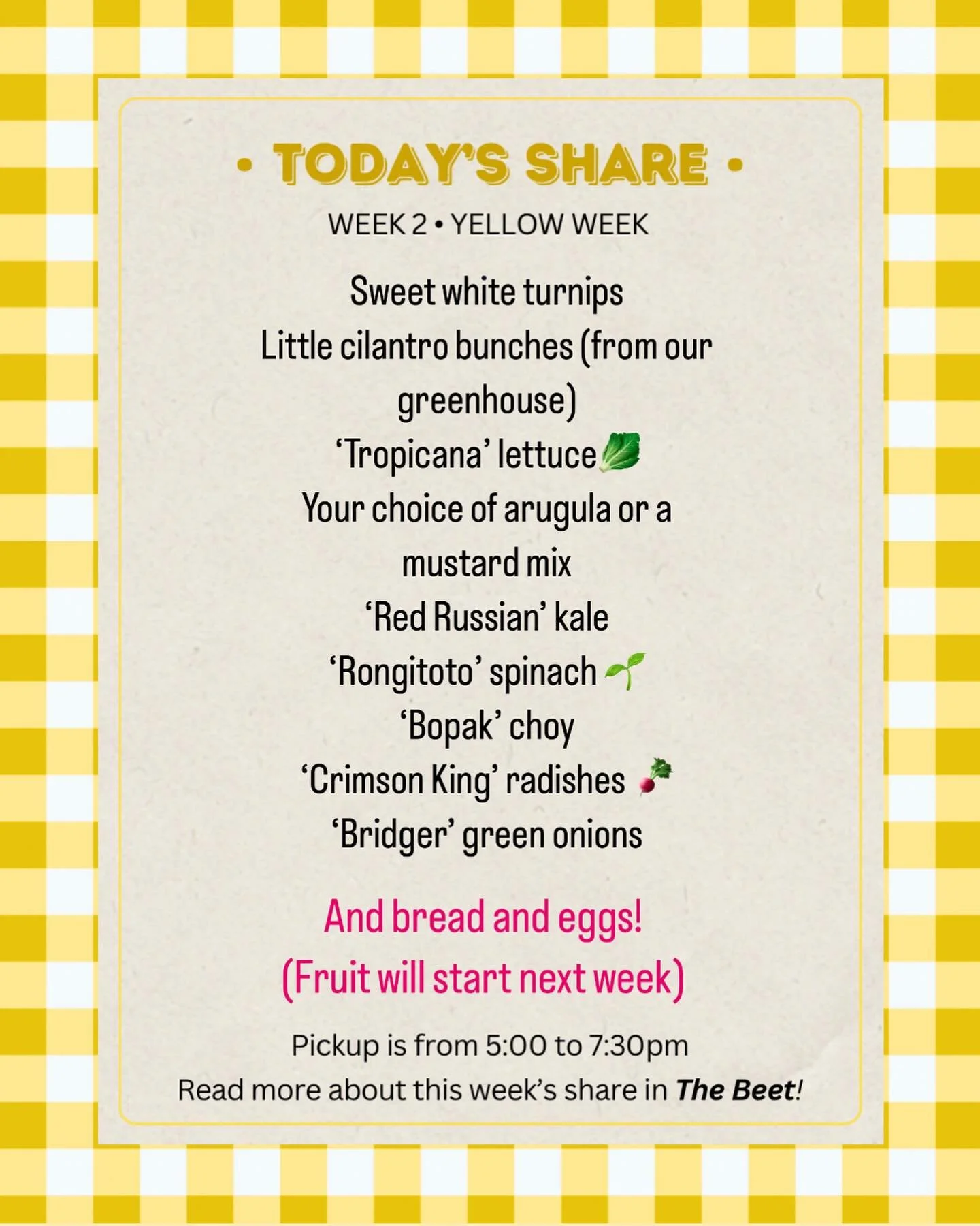 See you tonight for our second week of the 2026 season! And our first 💛yellow✨week!

Read this week&rsquo;s Beet newsletter for important updates and information 🌱