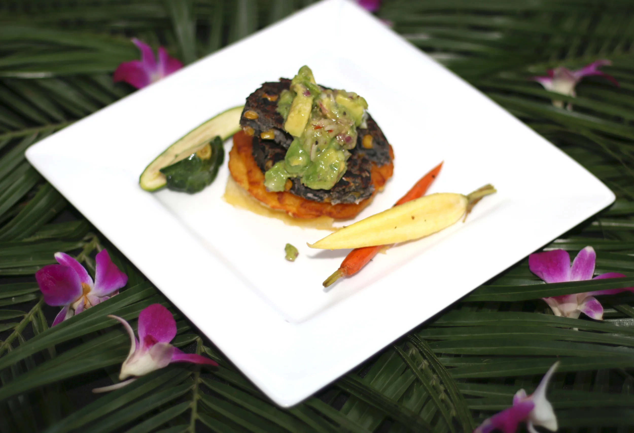   Black Bean & Corn Sope &nbsp;   With Avocado Salsa, Smashed Yucca,&nbsp;  & Baby Vegetables  