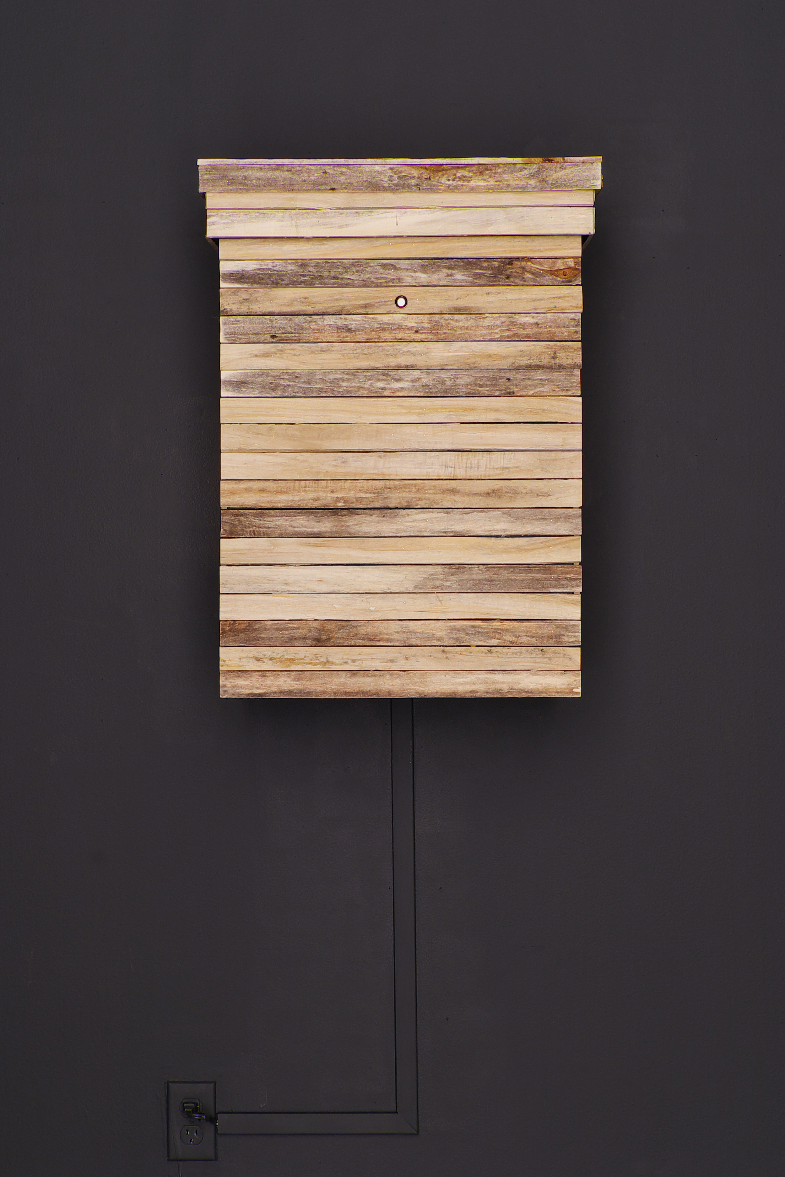 ‘Cabinet No.1 ' Exterior Mixed Media (Wood, lathe, paint, organic materials, plaster, lights, viewports) 36”H x 24”W x 18”D 2012