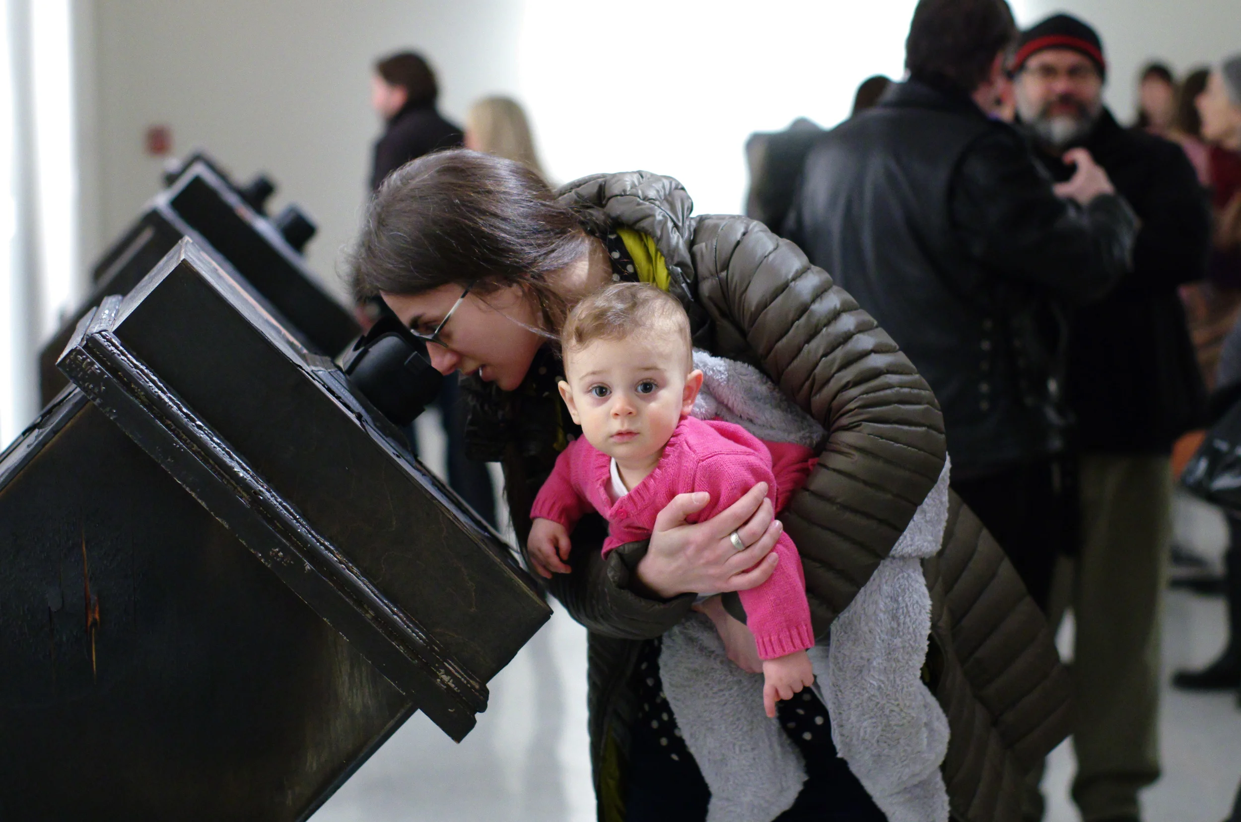    S.even D.iminutive I.ncursions    SDI-2 Showing Viewer / Installation&nbsp;   Burnt Russian Birch plywood, poplar framing, kiln-burnt pine tar, convex glass lens (architectural model housed within ea. periscope)   Periscope: 56 x H x 20-1/2 x W x 