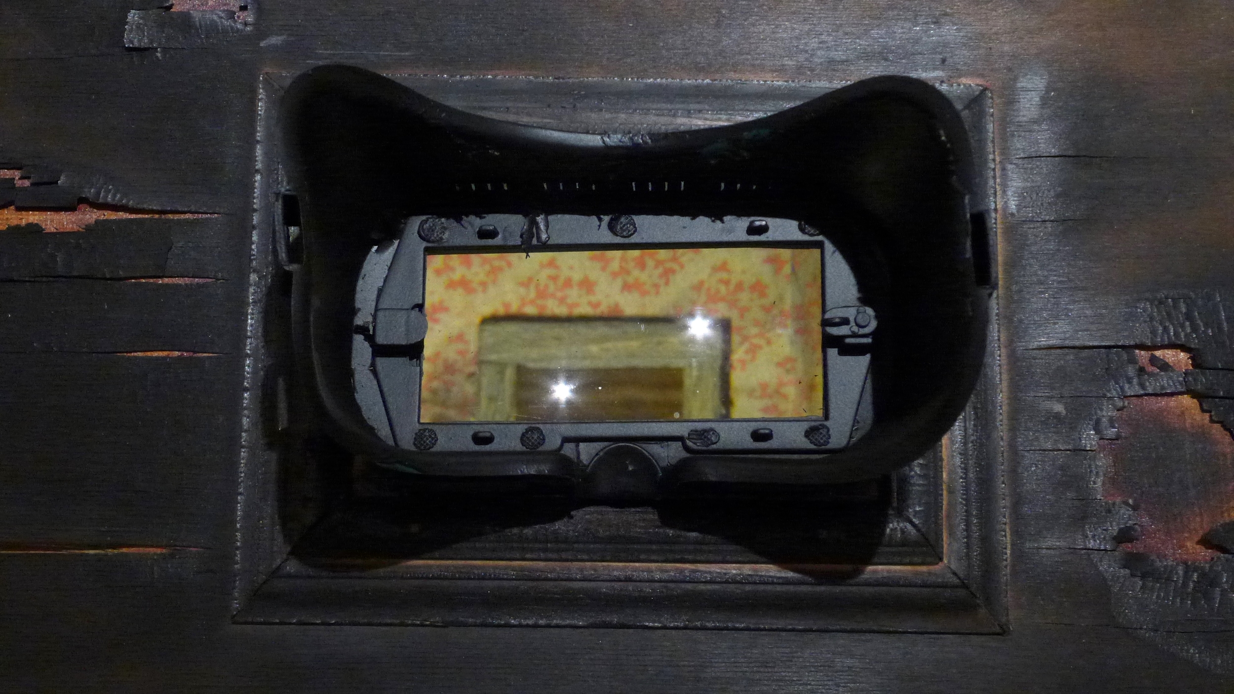    S.even D.iminutive I.ncursions&nbsp;  Detail-SDI-1 Through Lens  Burnt Russian Birch plywood, poplar framing, kiln-burnt pine tar, convex glass lens (architectural model housed within ea. periscope)   Periscope: 56 x H x 20-1/2 x W x 28 inches.&nb