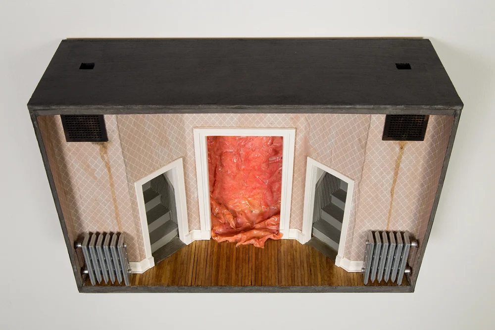 Knee Vignette #1 (Above Detail) Wood, fiberglas, chipboard, latex, enamel, paper, ink, polyurethane, tea 12 × 18 × 6 in 2016