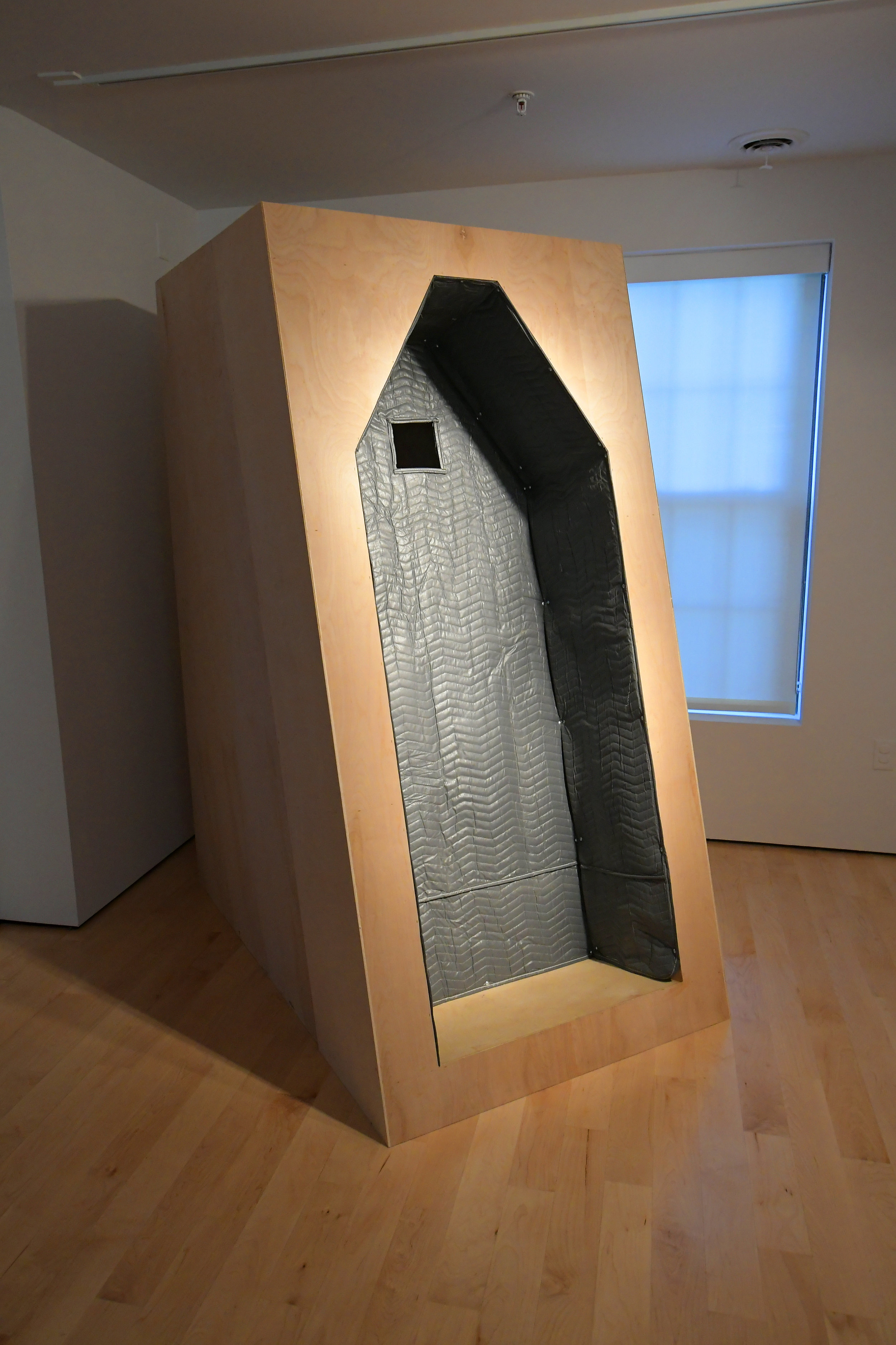 'Neil Before Zod- OSS (One Smal Steppe) Exterior' Wood, elevator padding, interior vignette, audio track 3.5’W x 7’H x 5.5’D 2018 Photo courtesy of Rick McLay