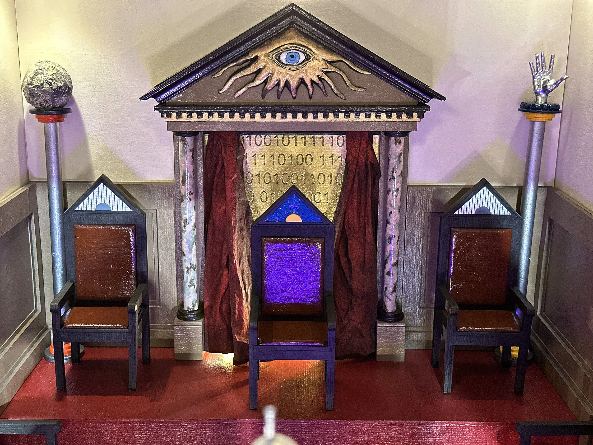  Eyes of Your Eyes – Interior Diorama Left - Masonic Lodge - Detail  Wood, digitally produced elements, paper, acrylic, lights, lens  40.75” W x 56” H x 27” D  2025 