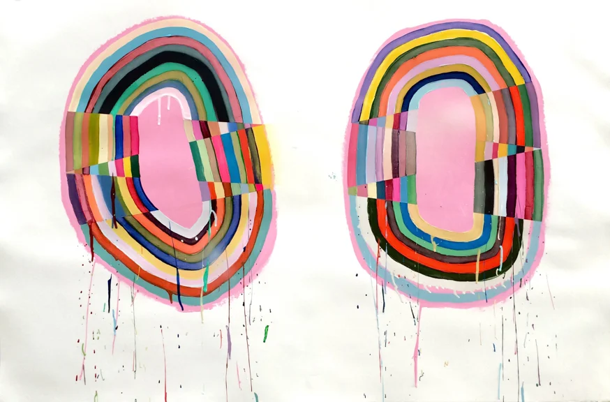 Psychosis in Pink, 2015, Acrylic, Spray Paint, Glitter, Vinyl Paint on Paper, 28 x 44 inches