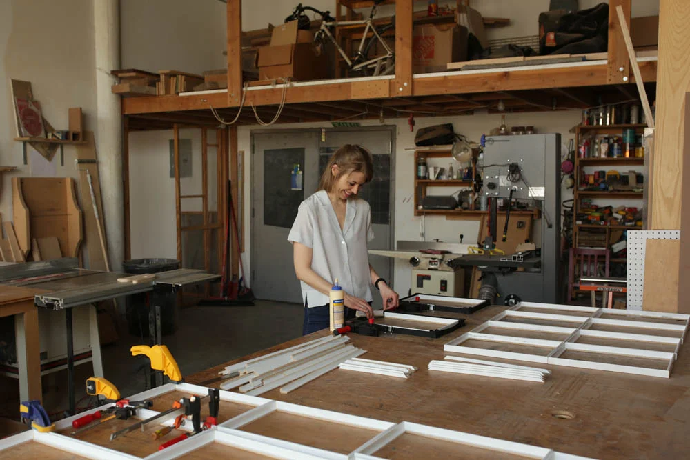 Christine at work in her studio. Photo by Sol Erez.