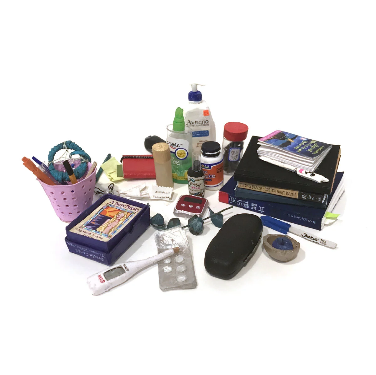 Bedside Table (Rebecca), 2018. Gouache, paper, thread, acetate, polymer clay, balsa, 3.5 x 1.25 x 3.2 inches