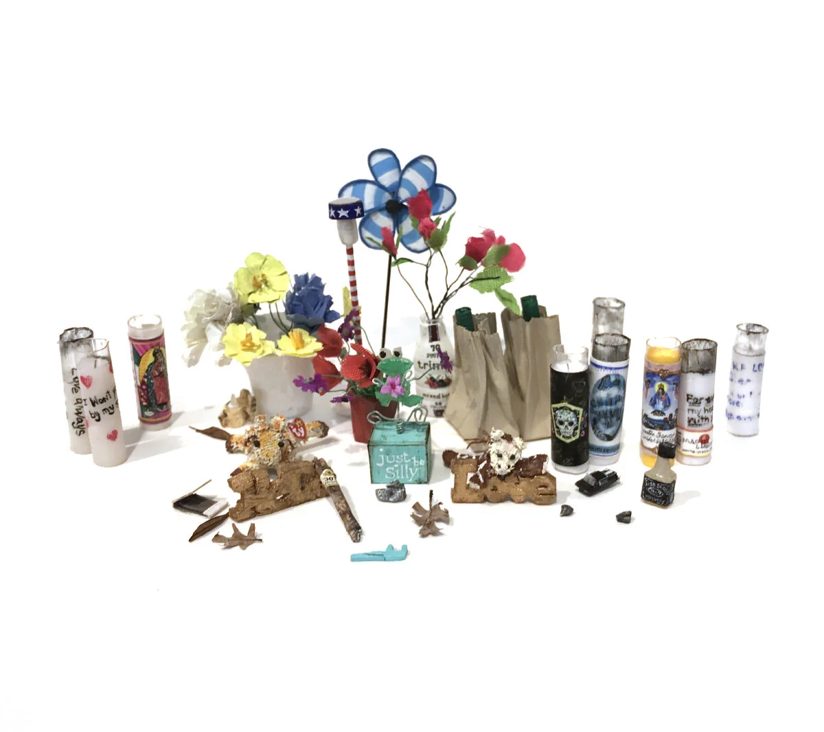 Roadside Memorial (William, Bushwick Ave), 2018. Gouache, paper, polymer clay, balsa wood, wire, fabric, plastic, brass, 6.1 x 2.2 x 2.9 inches