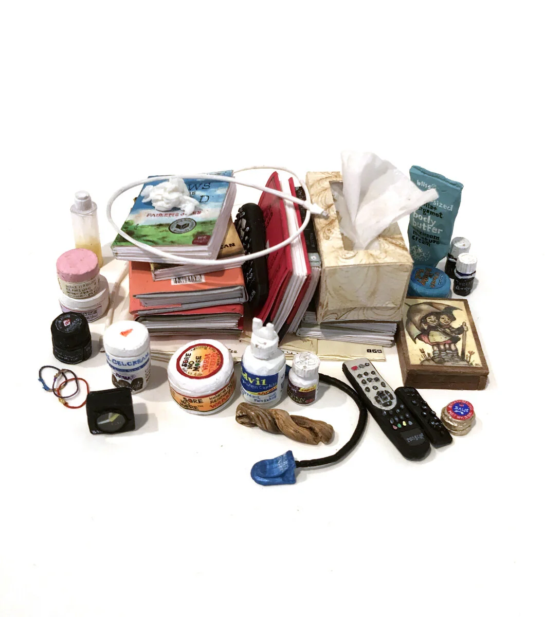 Bedside Table (Valli), 2018. Gouache, paper, polymer clay, balsa, tissue, thread, 5.6 x 2.9 x 1.4 inches