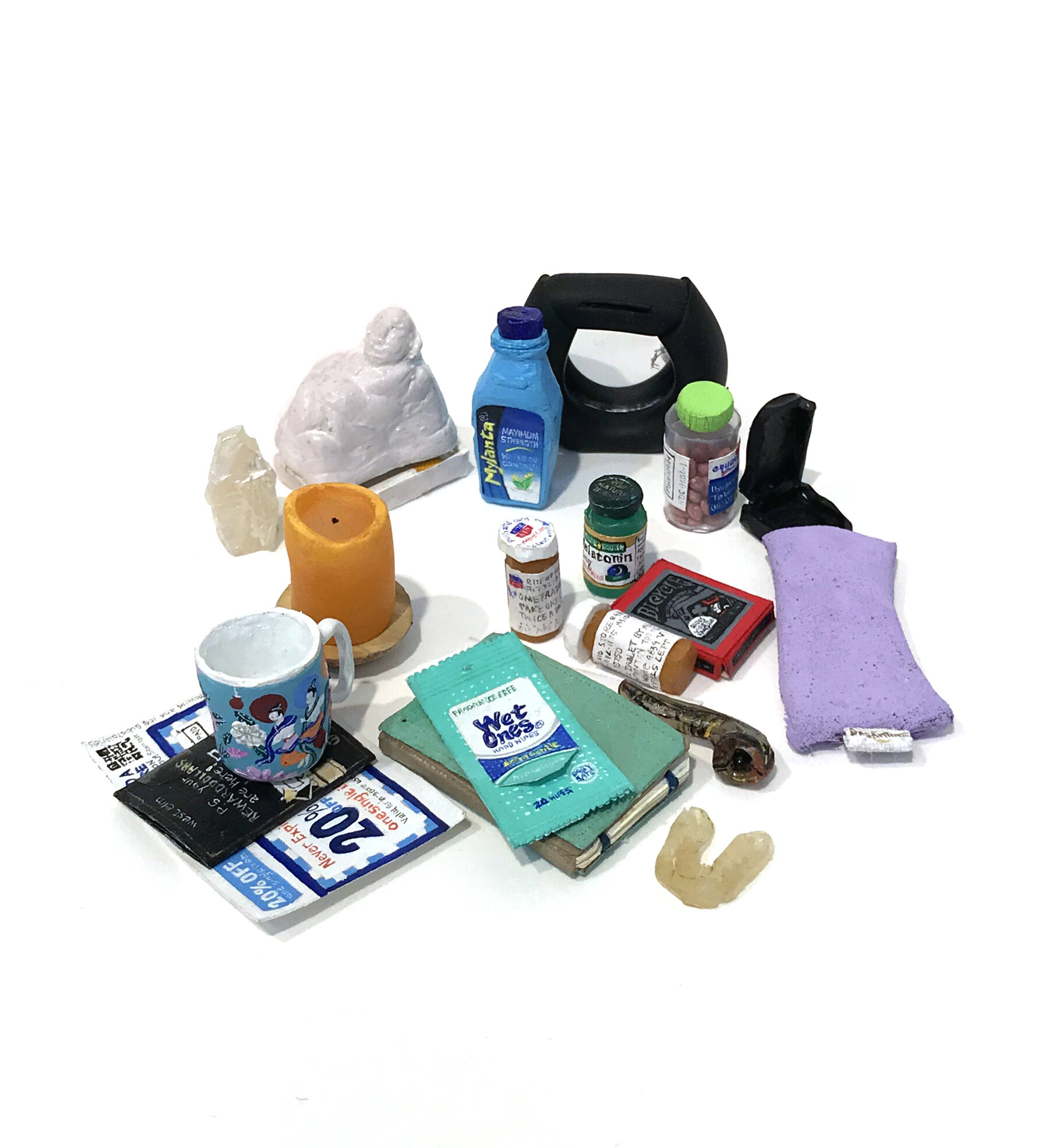 Bedside Table (Farrah), 2018. Gouache, paper, polymer clay, mirror, fabric, cotton, .75 x 3.9 x 1.1 inches