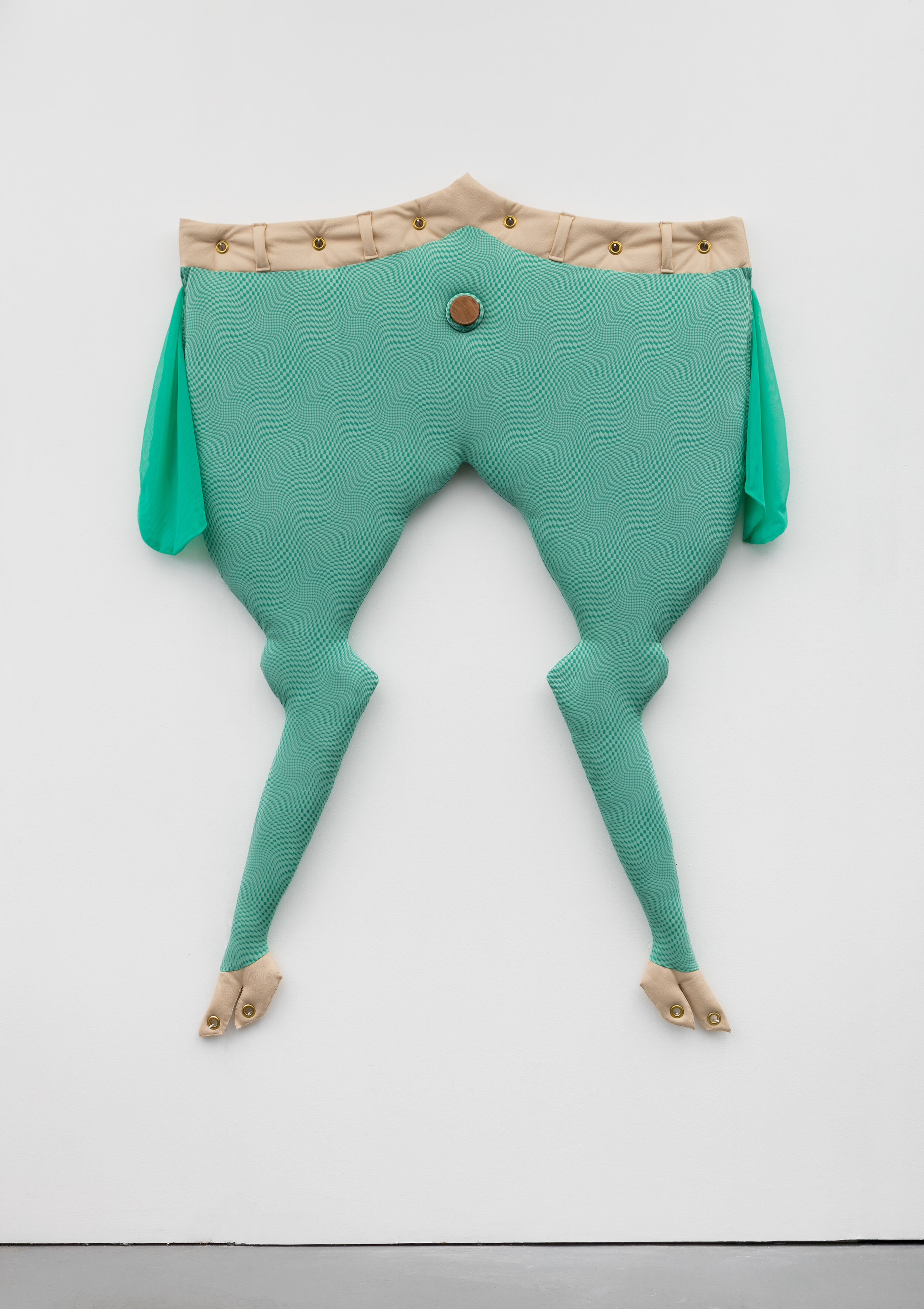 Leggings for a Satyr, 2019. Spandex, batting, thread, grommets, wood, 64 x 42 x 3 inches