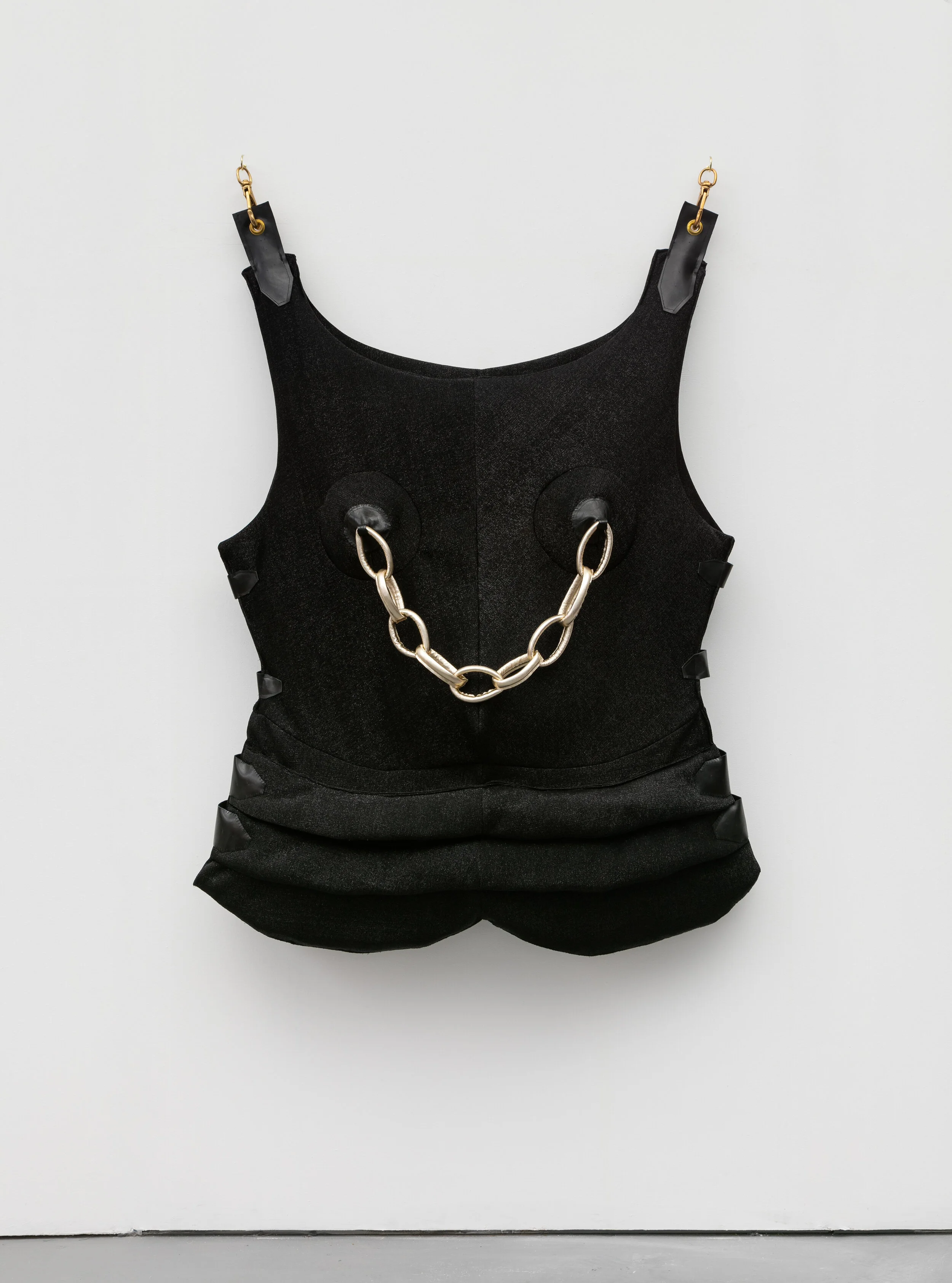 Joan’s Cuirass, 2019. Neoprene, leather, thread, batting, rope, grommets, hooks, 49 x 38 x 7 inches