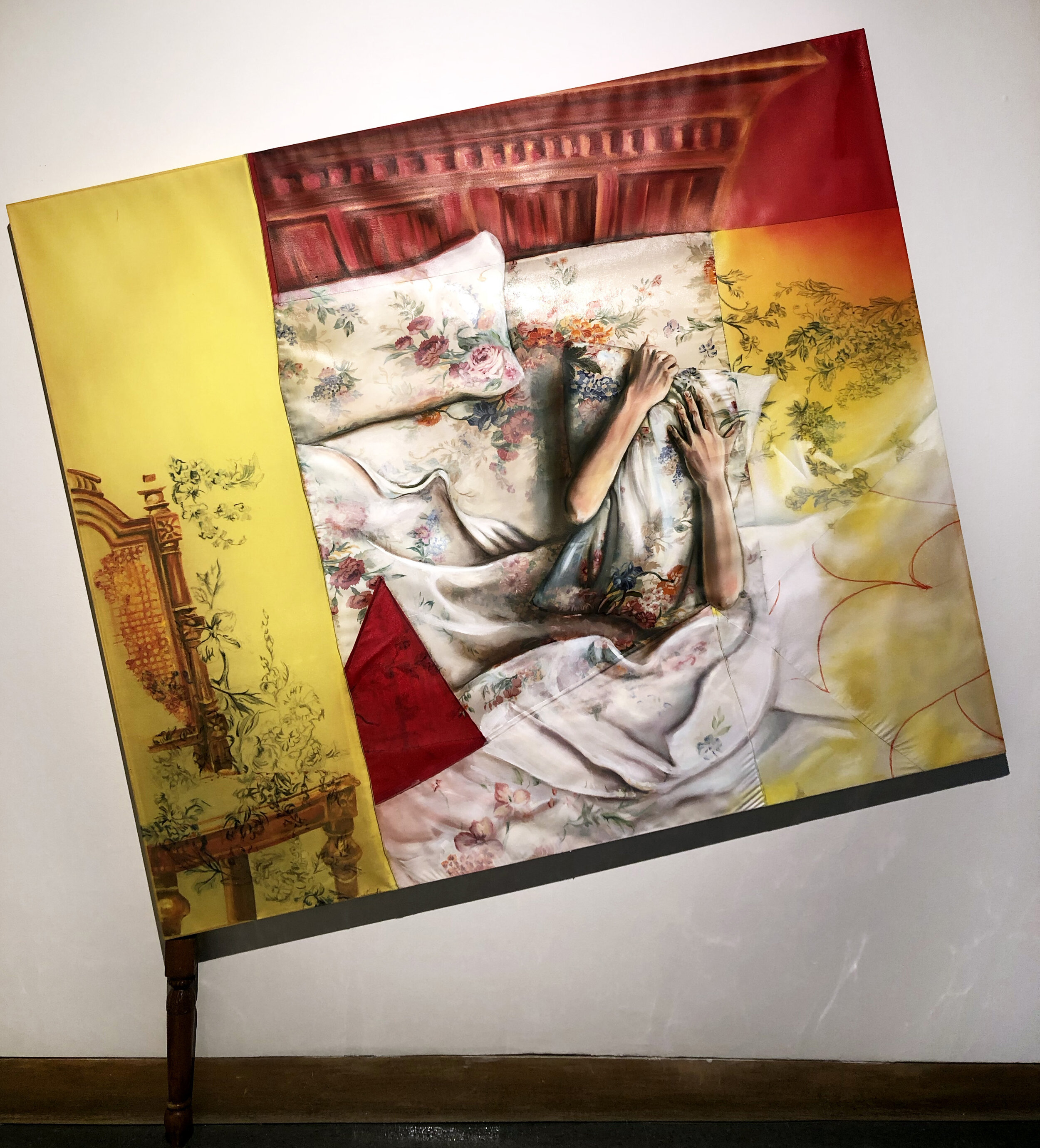 Delusions and Hallucinations, 2019. Resin, acrylic, oil, wax pencil, sewn fabric, chair leg, 60" x 72"