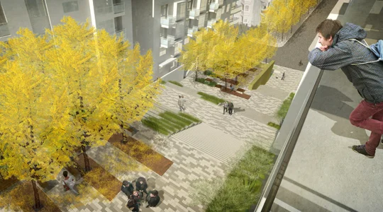 A rendered view from one of the new apartment’s balconies looking into Waller Park.