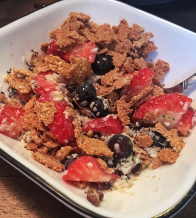 Here's my cereal from this morning. I added some of the Julian Bakery paleo coconut flakes to the top along with some fresh strawberries. So good! 