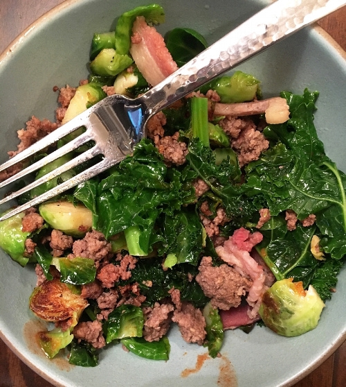 Sunday's lunch :: grass-fed beef, bacon, brussel sprouts and kale with a little hot sauce. I also added avocado but had already eaten all of it when I took the photo :) 