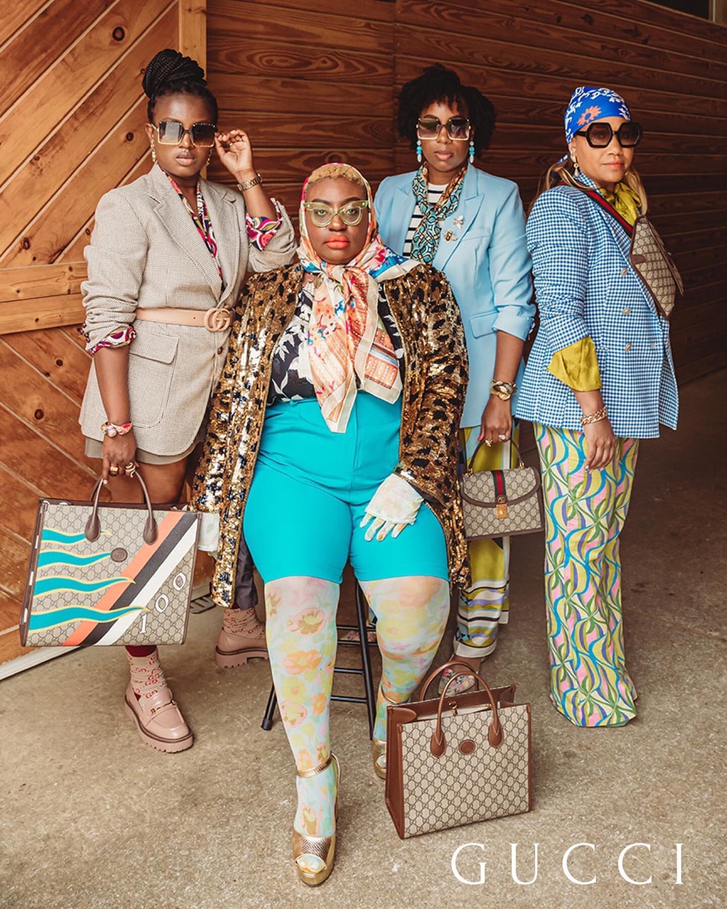 FourSistahsOnly making a bold statement in a selection of looks from the Gucci collection as they were photographed by Justin of Stephanie Kayla Photography at a rural Equestrian Center. Showcasing their own personal style with a mix of vintage blaze