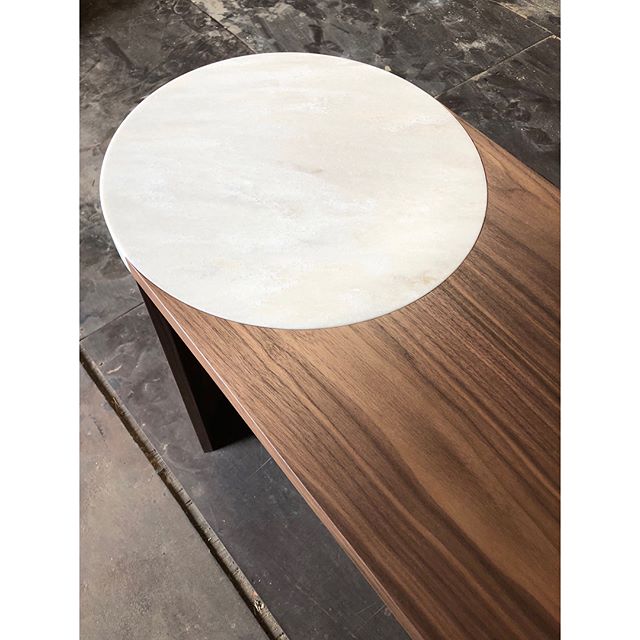 Bar Height Gibbous Table in Walnut and Witch Hazel Corian @nohahassandesigns #gibboustable