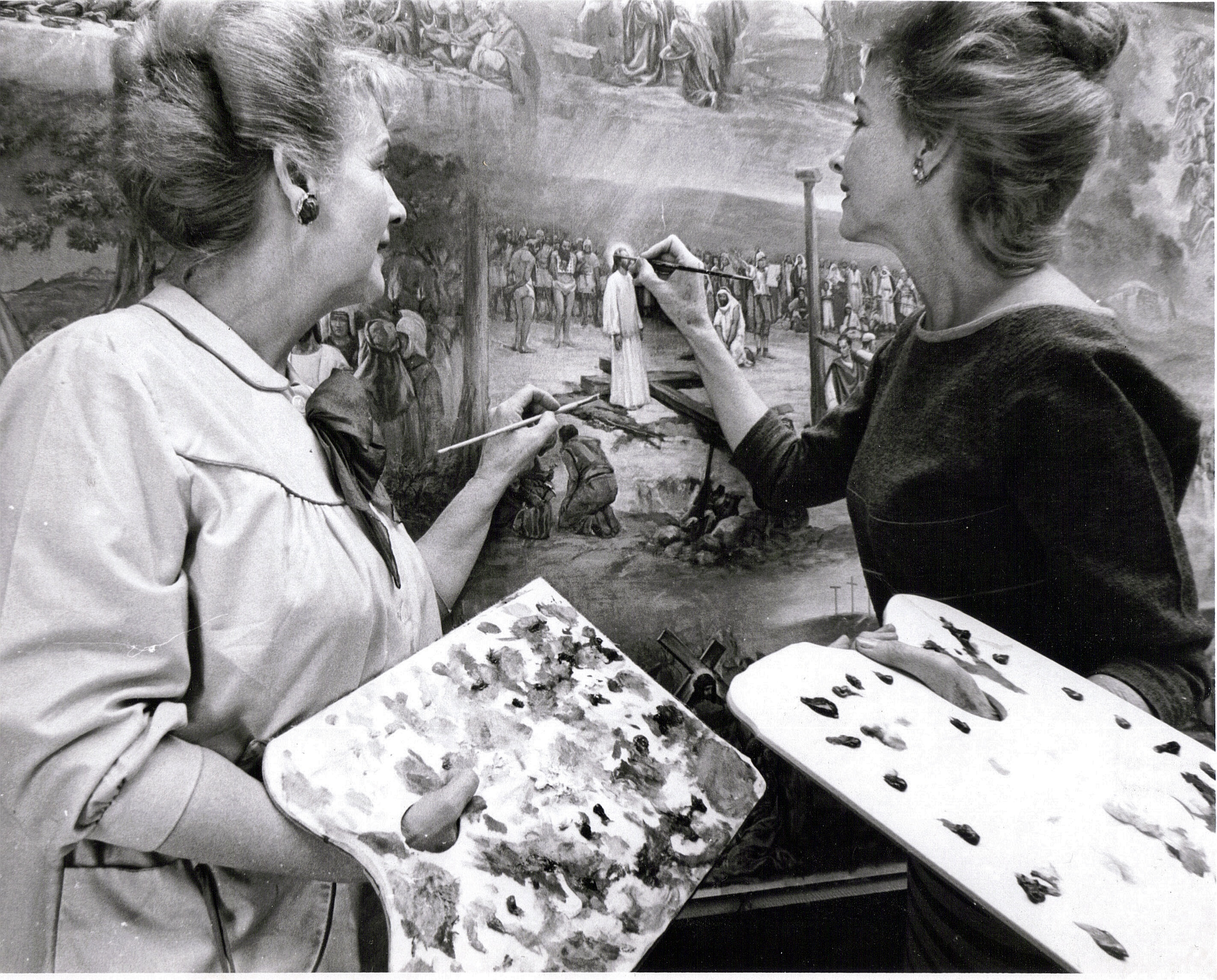 Venetia (left) and Daphne working on the painting for “The Life of Christ” mosaic at Forest Lawn Memorial-Parks and Mortuaries in Covina Hills. Courtesy Christopher Kennedy.