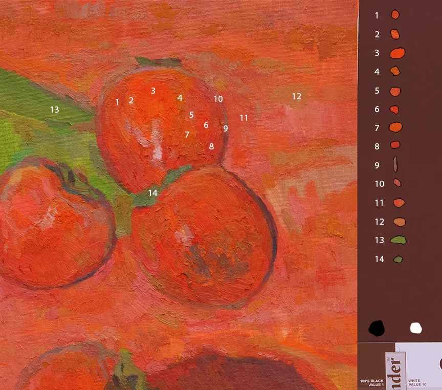 Detail of the color spots isolated and their location in the painting.