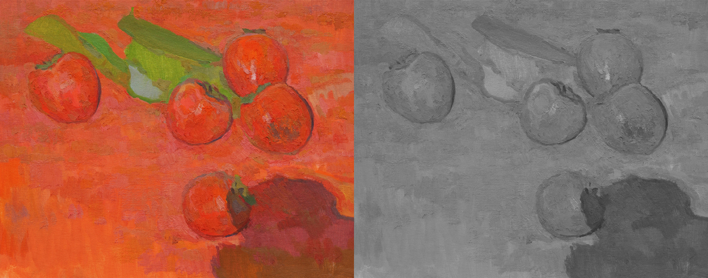 The original painting and the painting with color removed to show only relative lights/darks.