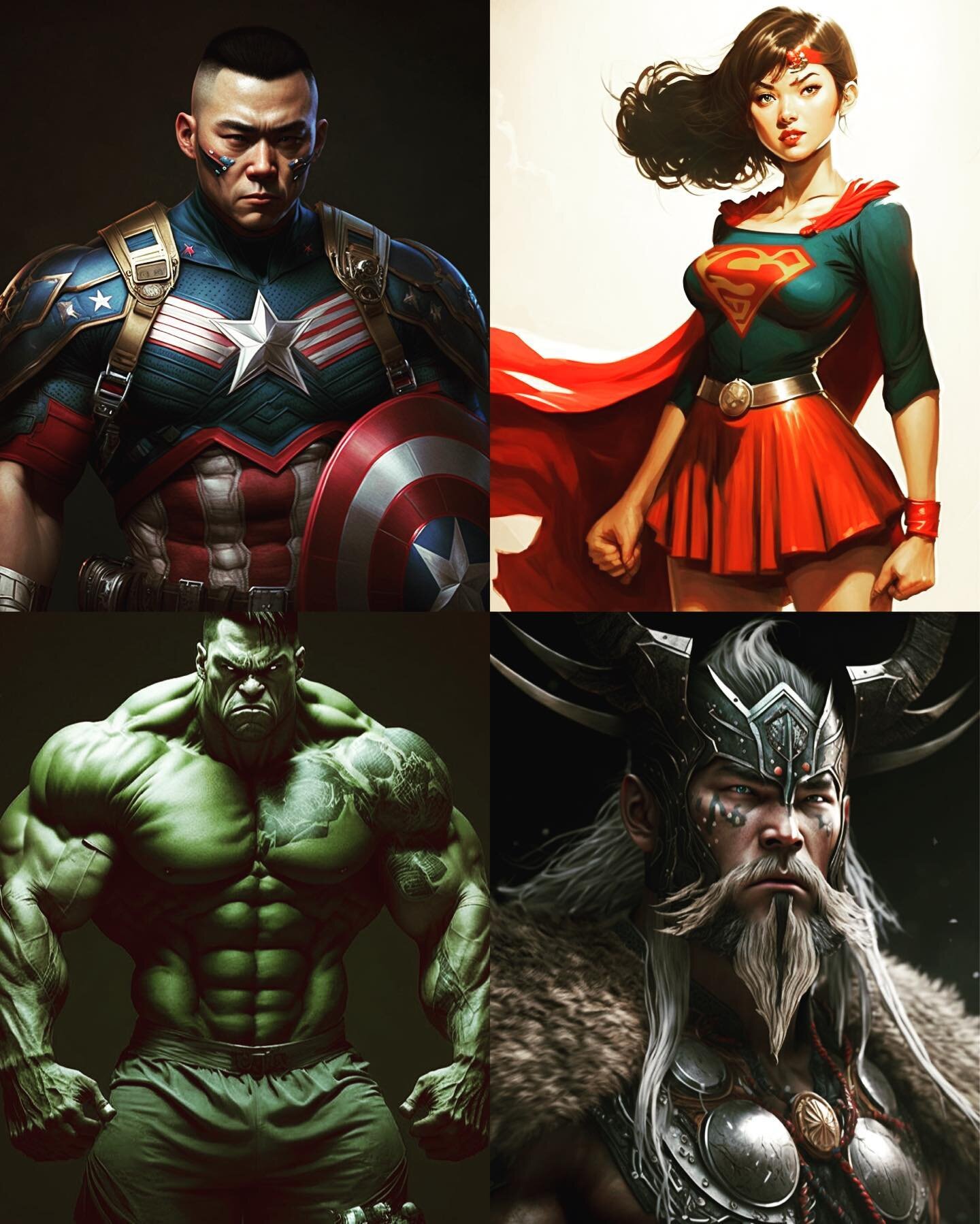 Captain Asian America, Super ABG, Incredible Korean Hulk, God of Asian Thunder; Asian super hero series #midjourney #asiansuperhero #comics #marvelcomics #DCcomics #asianmemes