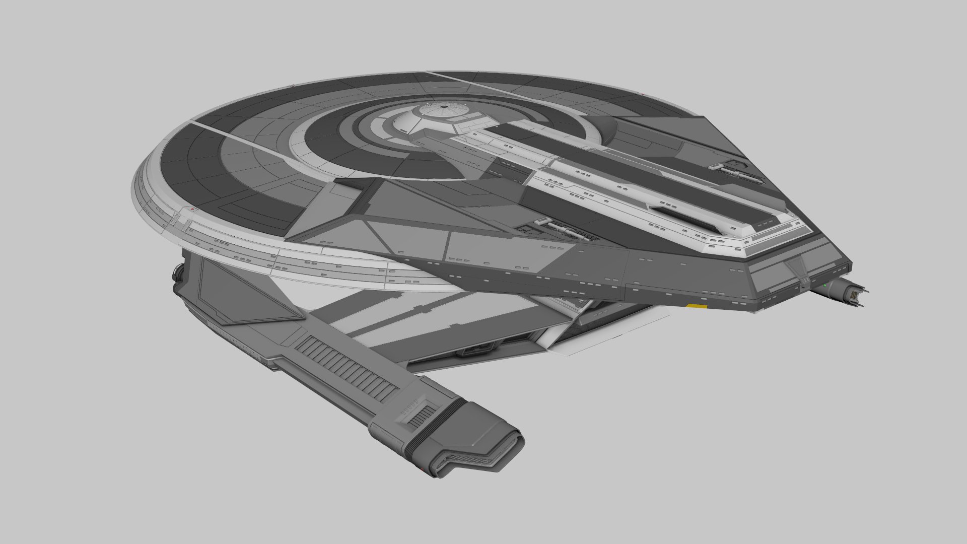 A futuristic spaceship with a circular main body and a long, rectangular launcher extending from its front, designed in a gray color scheme, floating in a neutral background.