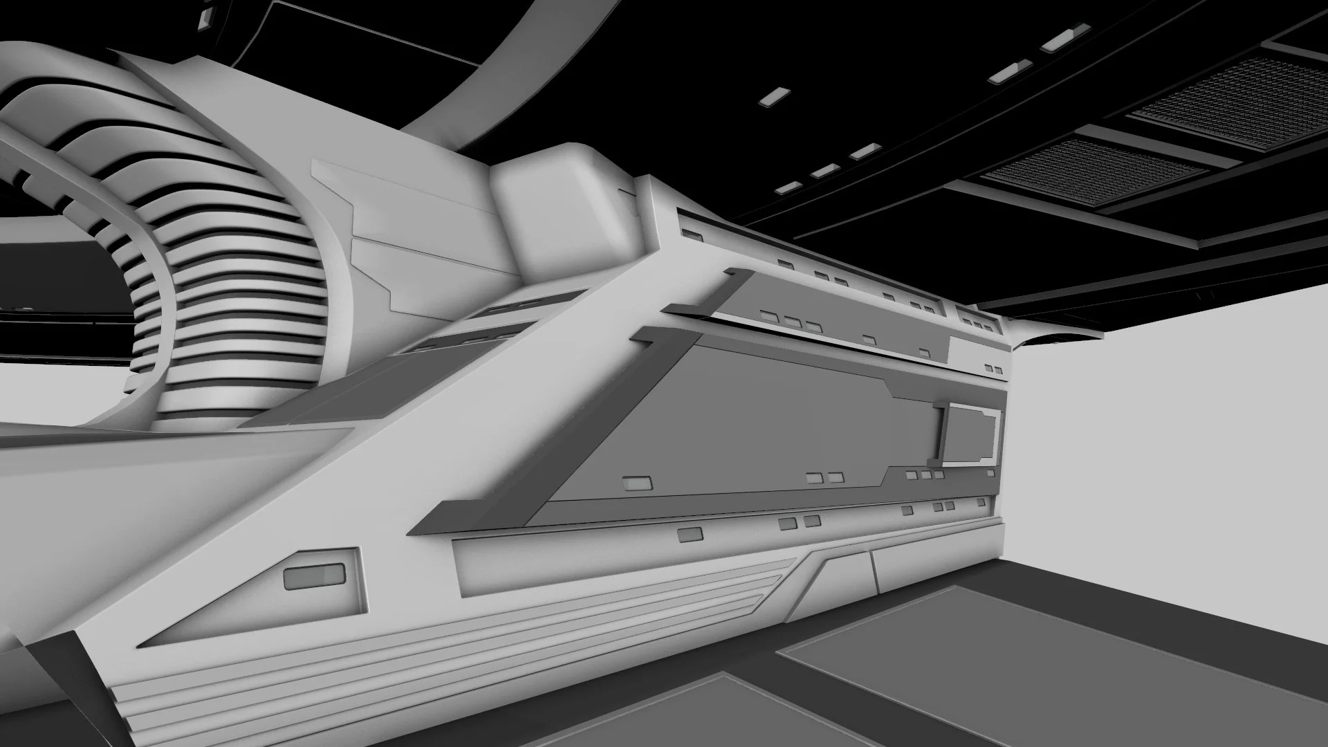 Futuristic interior with sleek, metallic surfaces and curved structural elements, likely part of a science fiction spaceship or advanced technology facility.