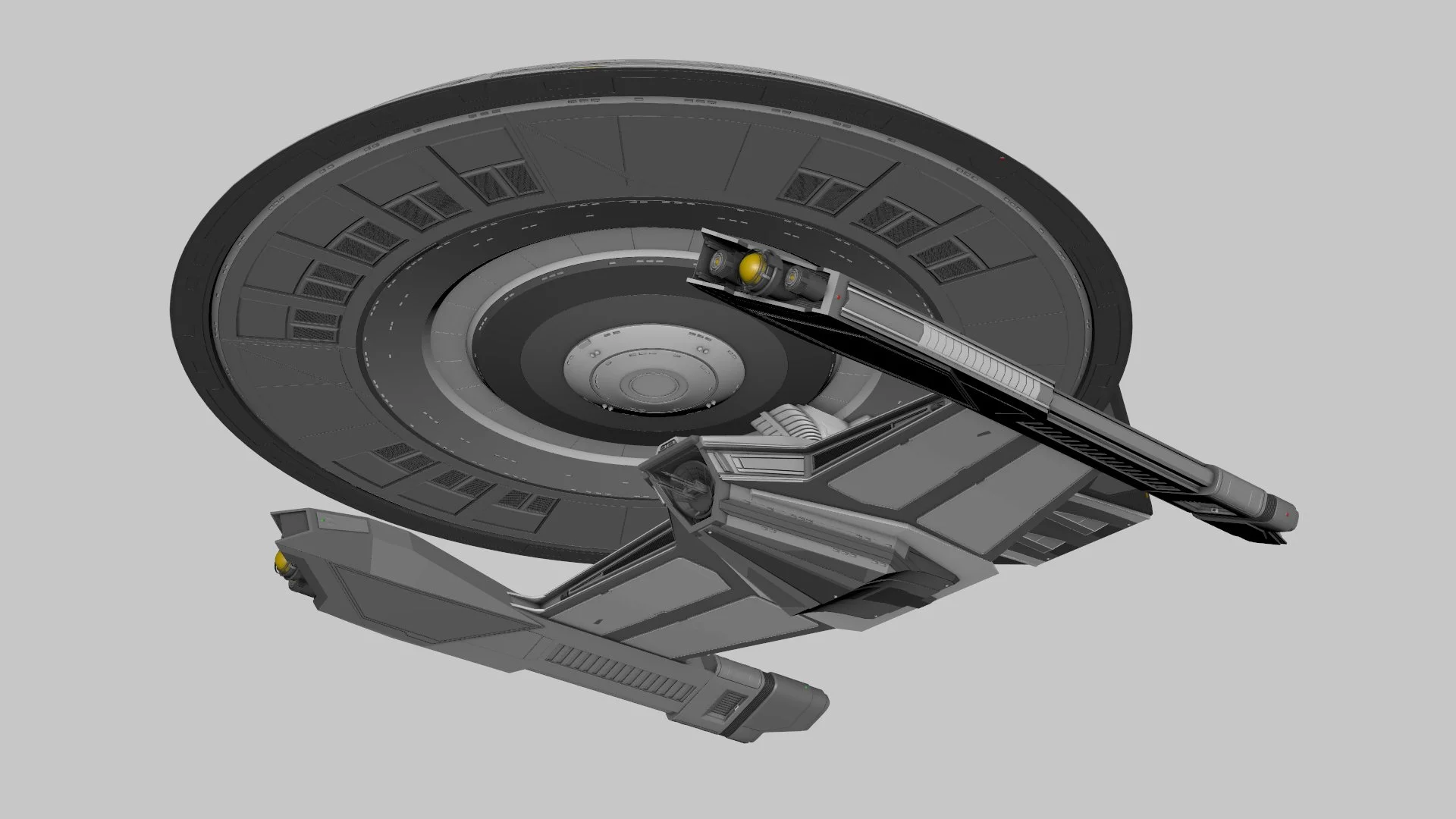 Futuristic spaceship or space station interior with circular design, control panels, and various mechanical and technical components.