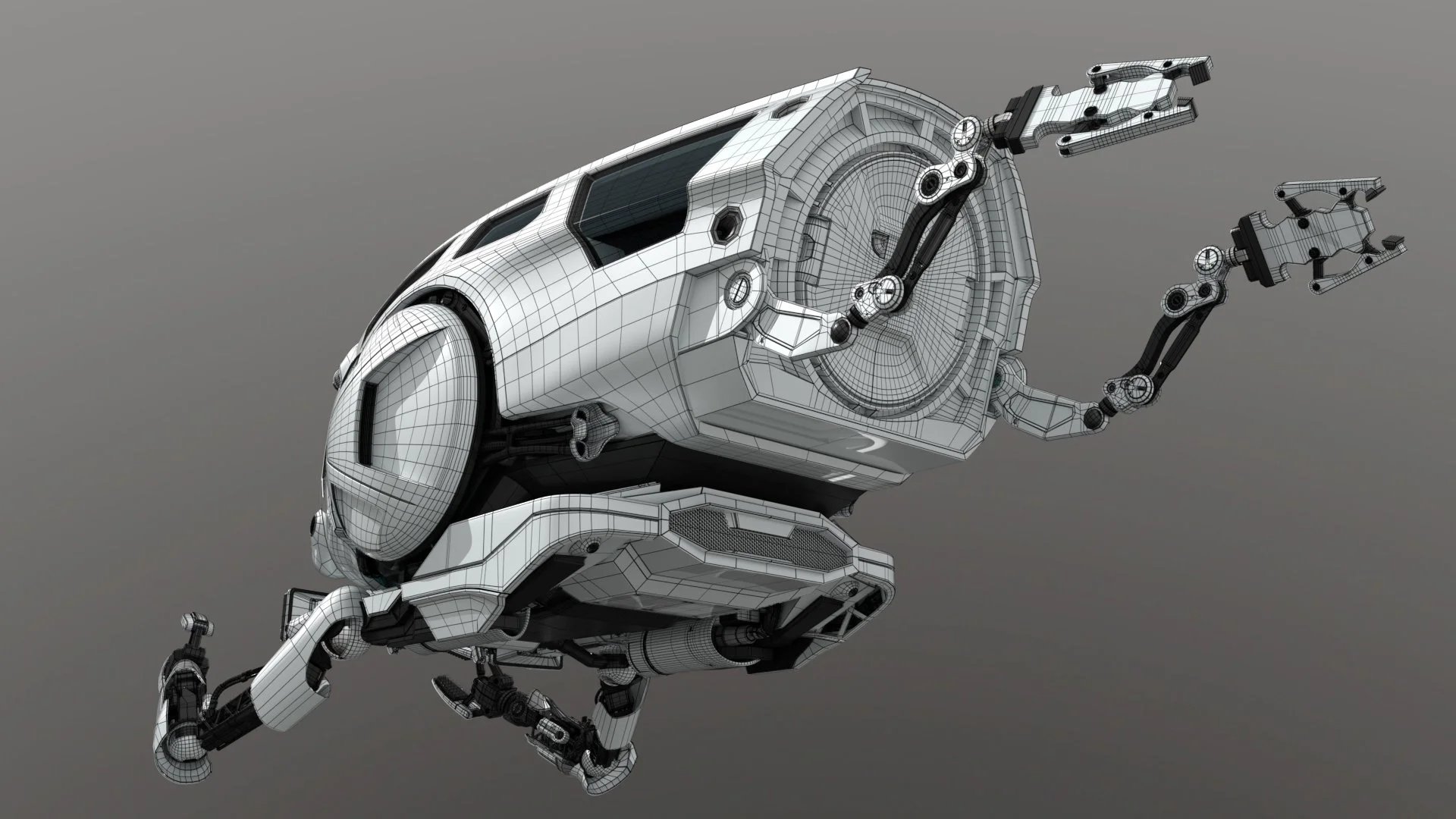 Digital wireframe rendering of a robotic arm with a round speaker-like component, set against a plain gray background.