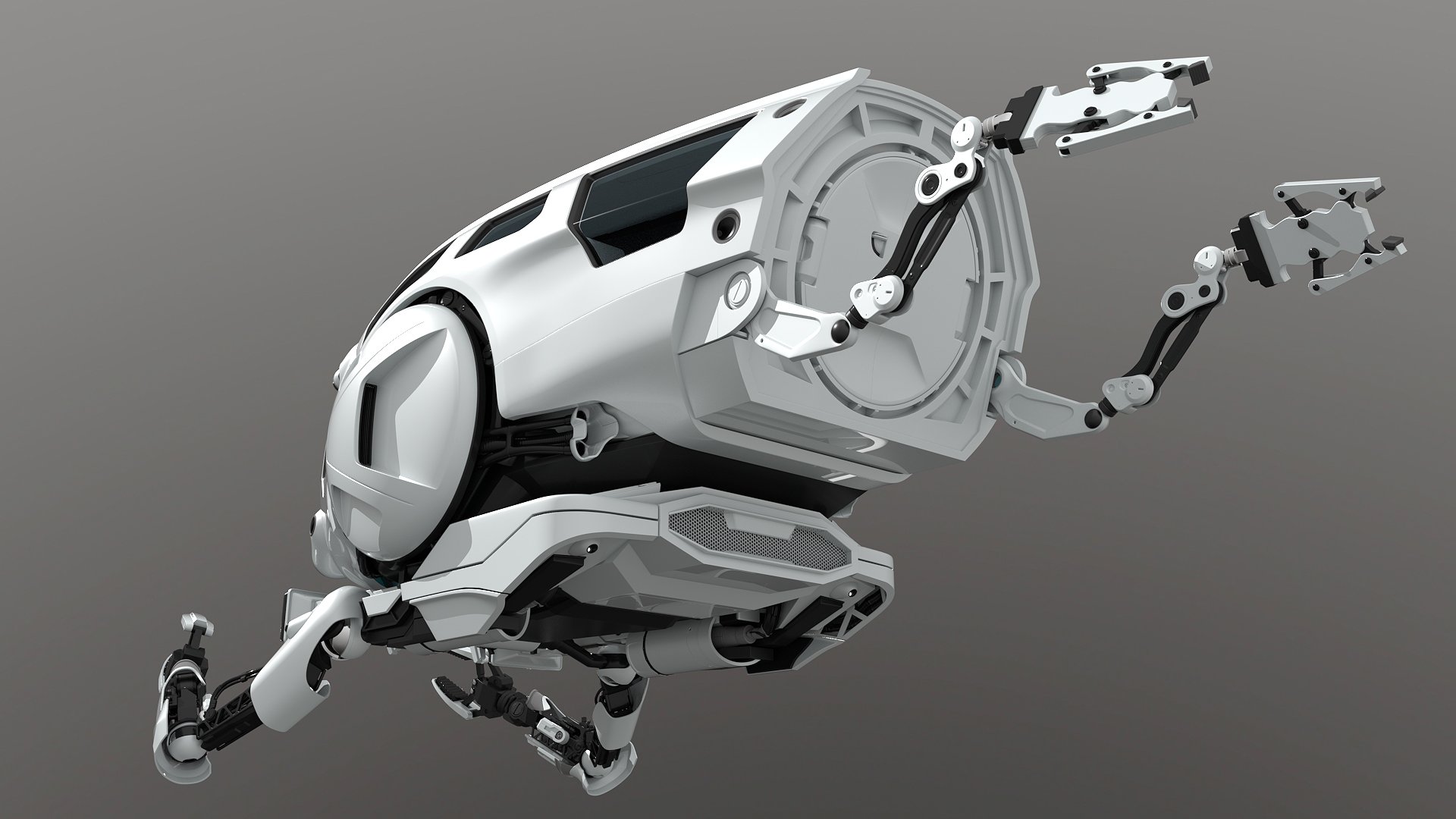 A futuristic white robot with mechanical arms and parts, partially assembled with some components floating nearby against a plain gray background.