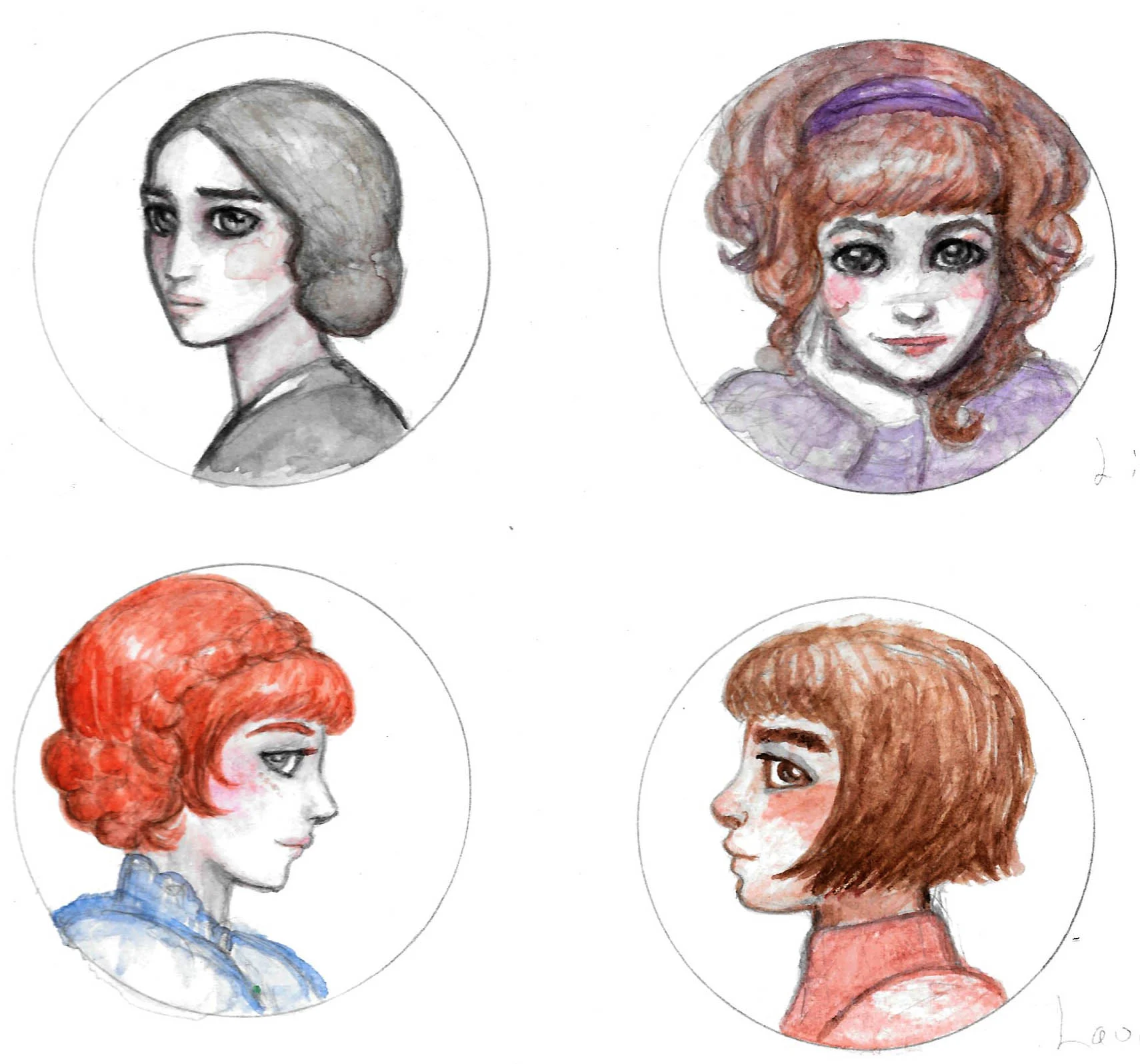 Teensy watercolor portraits of some of my favorite lit ladies, left to right: Jane Eyre, Lizzie Bennett, Anne Shirley, and Laura Ingalls.