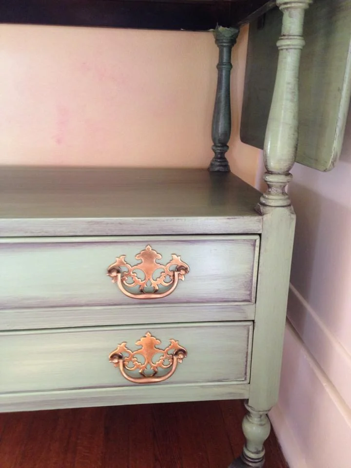 Painted tea cart with paint and coffee colored glaze wash in this Seattle home on Capitol Hill.