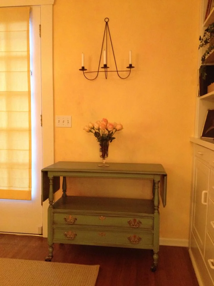 Painted tea cart with paint and coffee colored glaze wash. 